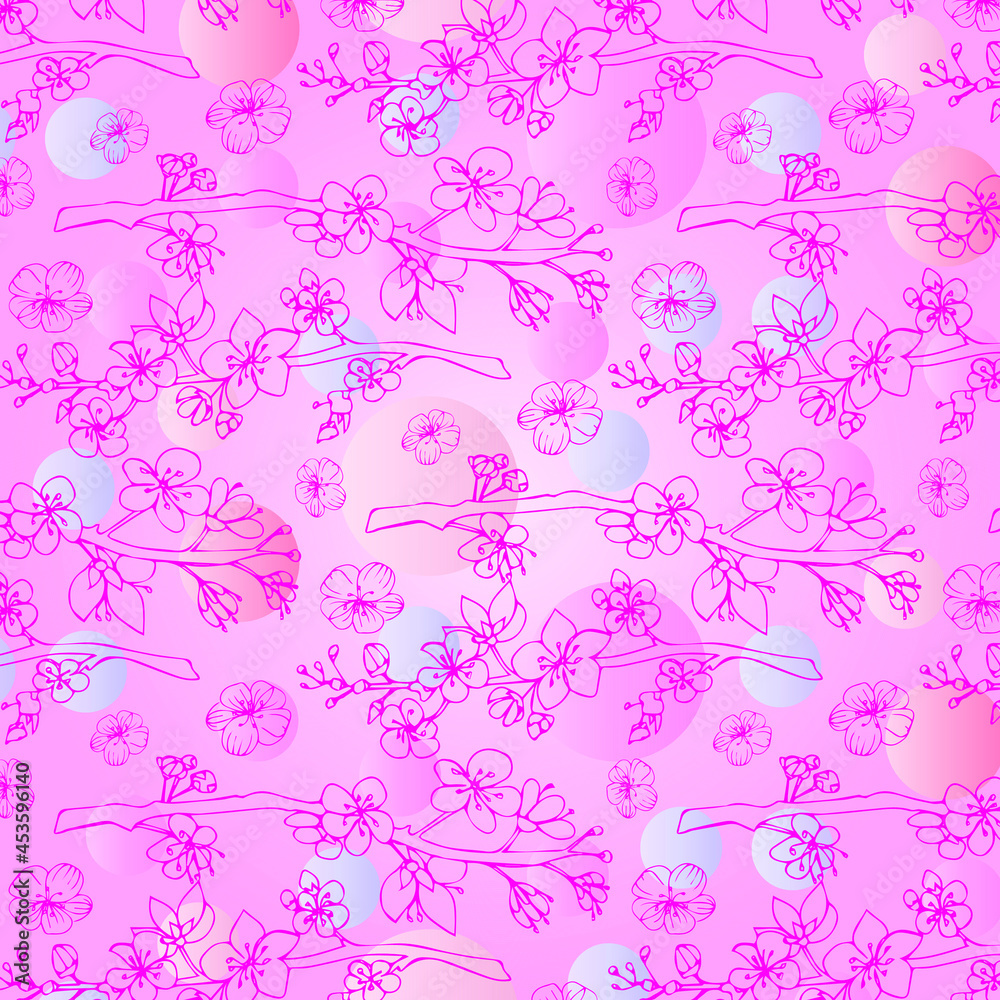 Hand drawn seamless pattern with sakura flowers isolated on gradient circles and pink background. Elegant colorful ornament. Vector illustration.