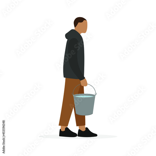 Male character with a bucket of water in his hand stands on a white background