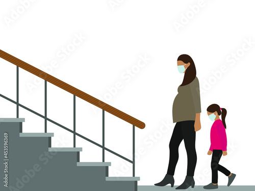 Pregnant female character and little girl in medical masks walking towards stairs on white background