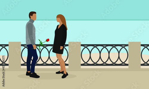 A male character with a red rose in his hand and a female character are standing on the embankment