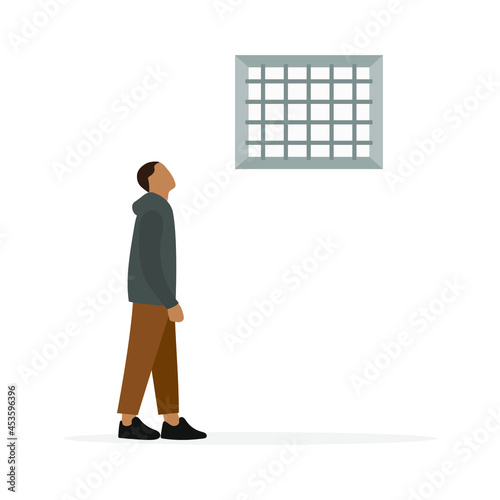 Male character looking at a barred window on a white background