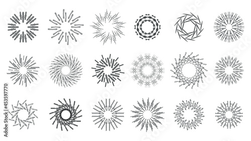 Set Abstract Collection Starburst Sunburst Sunset Black Line Doodle Design Elements Bursting Rays Sunrise Light Radiant Spark Vector Design Style