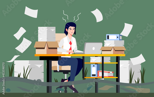 Stressed Office Worker Swamped with Work. Woman in Business Suit sits in a Swamp and uses Laptop for Work. Professional Burnout Syndrome. Depressed, Frustrated Businesswoman or Manager uses Laptop.