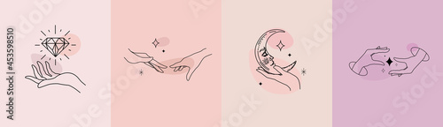 Set of female hand logos templates, emblems. Beauty, cosmetics, occultism, astrology, spirituality, chic, prestige. Logo design with various hand gestures. Linear compositions. Vector, flat illustrati