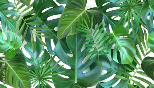 Fototapeta Naklejka Na Ścianę i Meble -  Pattern with tropical, exotic leaves on a white background. Monstera seamless pattern. Realism. Vector illustration