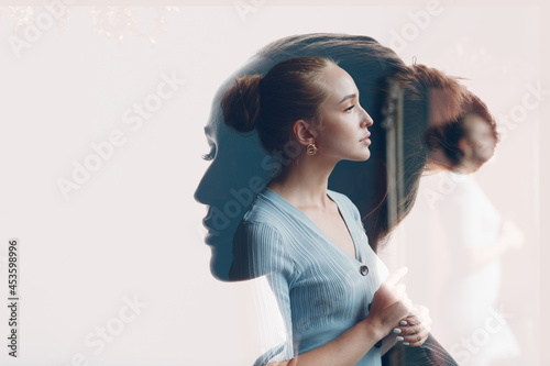 Vászonkép Multiple exposure portrait of european american caucasian woman with serious sad facial expression