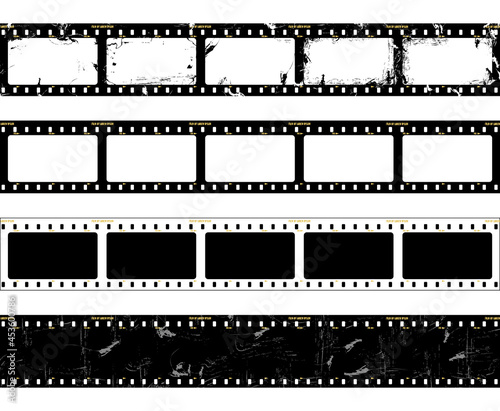 Grungy film strip. Old film strip for recording video in retro style, blank photo frames, vector set