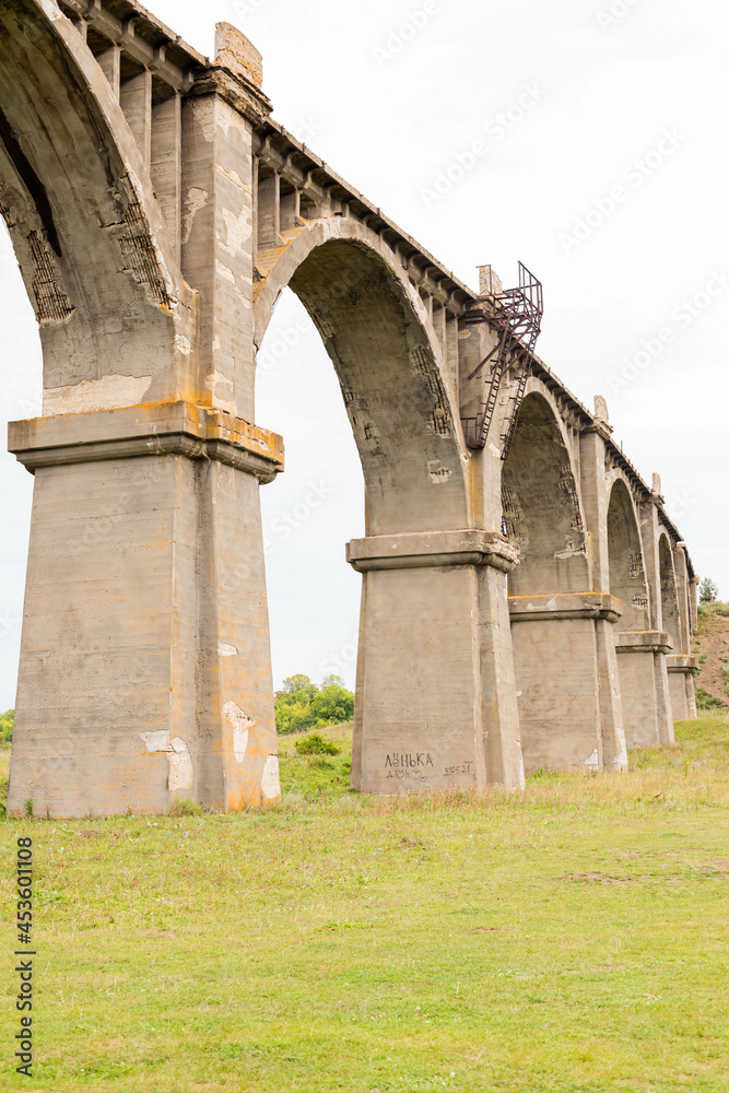Part of the Mokrinsky railway bridge, a historical reinforced concrete arched viaduct, a railway crossing over the Utka River, located in the village of Mokry, Kanashsky district of the Chuvash Republ