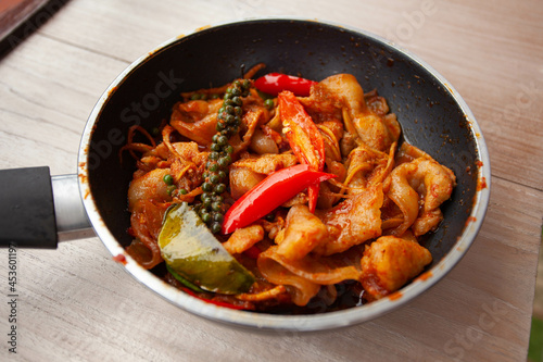 Thai food, Stir Fried Spicy Pork Belly or called Pad Cha Pork Belly