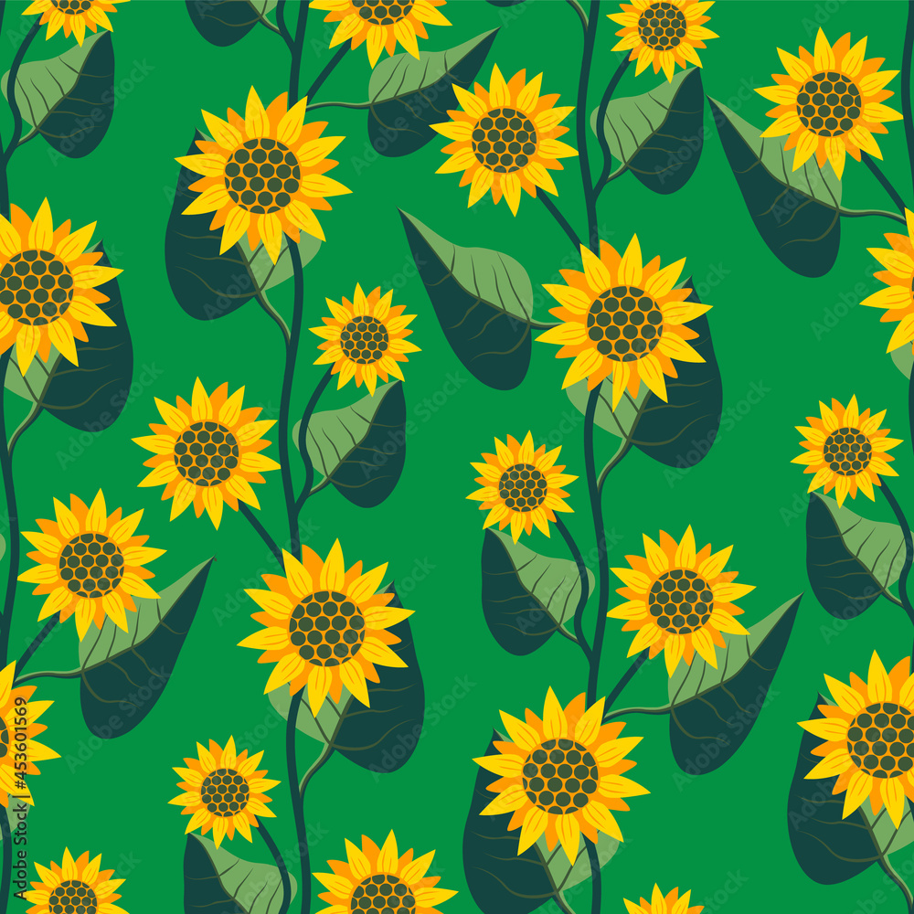 Vector - sunflowers with leaves seamless pattern. Vector - sunflowers with leaves seamless pattern.