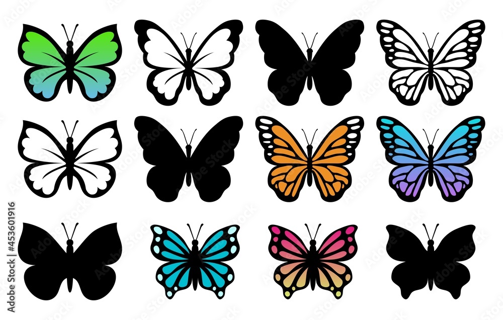 Naklejka wektor zbiór pięknych owadów motyli na białym tle. sylwetka kolorowych motyli tropikalnych. letnia ilustracja natury
