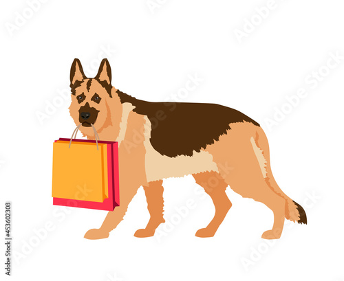A dog with shopping bags. Helper dog. Vector illustration isolated on white background
