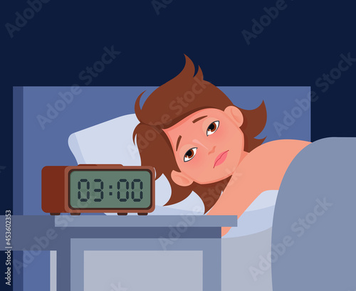 Female insomniac trying to fall asleep. Vector illustration