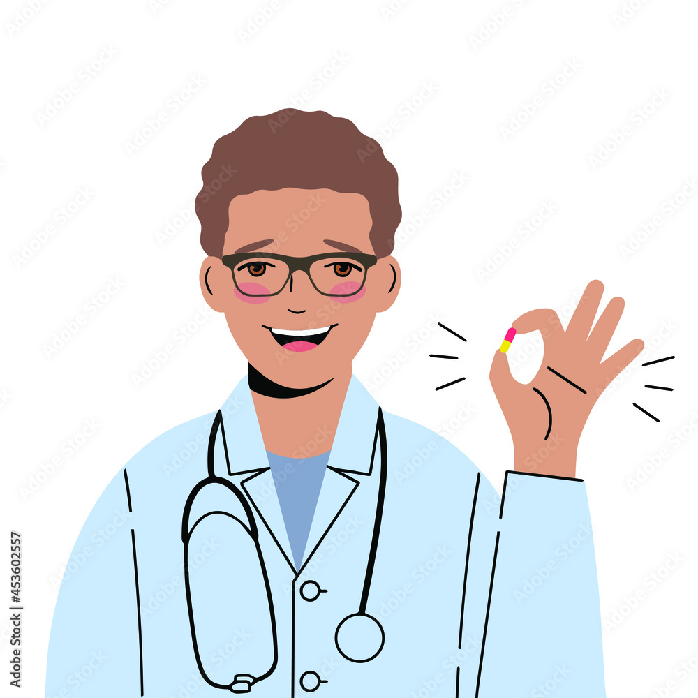 Smiling doctor with glasses holds a pill in his hands. He gestures that everything is fine. Doctor suggests a cure.