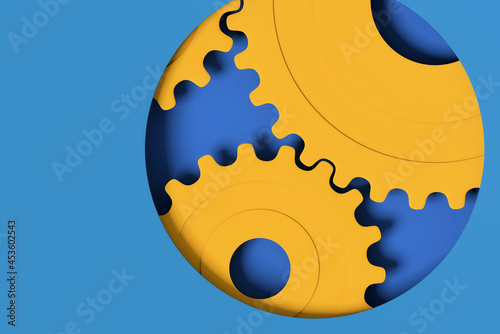 Mechanical gears background; three yellow gear cogs isolated on blue background inside open circle; idea process or technology idea concept; flat lay, top view; 3d rendering, 3d illustration