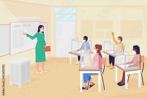 Return to school lessons after coronavirus flat color vector illustration. Infection prevention measures. Female teacher and pupils 2D cartoon characters with classroom interior on background