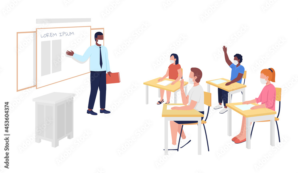 After corona school class semi flat color vector character. Classroom and pupils figures. Full body people on white. School isolated modern cartoon style illustration for graphic design and animation