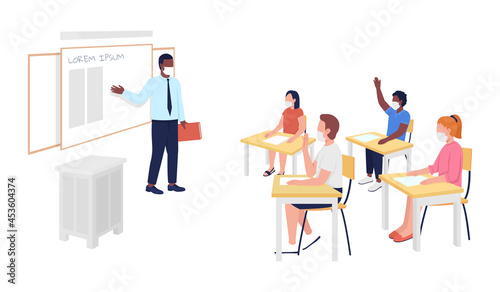 After corona school class semi flat color vector character. Classroom and pupils figures. Full body people on white. School isolated modern cartoon style illustration for graphic design and animation