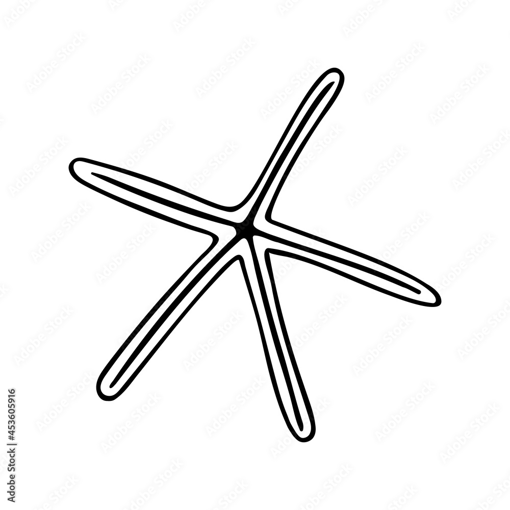 Doodle starfish, hand-drawn sea symbol. Five-finger organism painted by ink, pen. Line, minimalism. Simple sketchy icon. Isolated. Vector illustration. Doodle starfish, hand-drawn sea symbol. Five-finger organism painted by ink, pen. Line, minimalism. Simple sketchy icon. Isolated. Vector illustration.