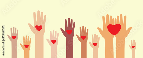 Raising hands with heart shape , donation and volunteers work concept