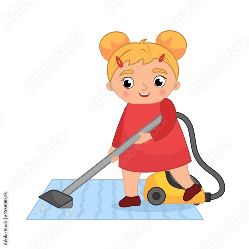 Vector illustration of a cute girl vacuums the rug. Daily routine concept.
