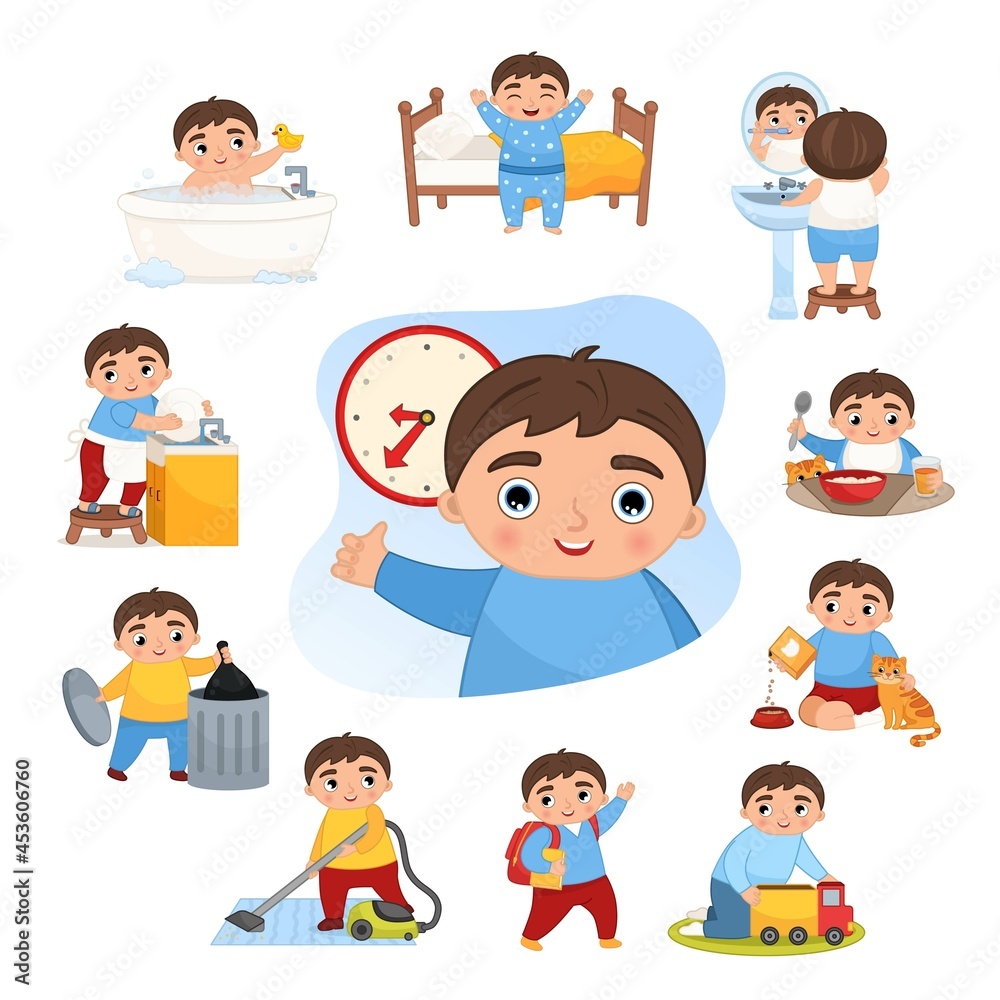 Vector illustration daily activities routine. Cute little cartoon boy doing daily chores.
