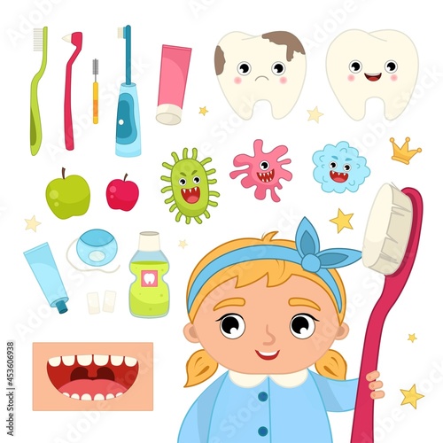 Vector set of dental care products. Cute girl with a toothbrush in his hands. Cute cartoon illustrations of toothbrush, toothpaste, teeth, dental floss.
