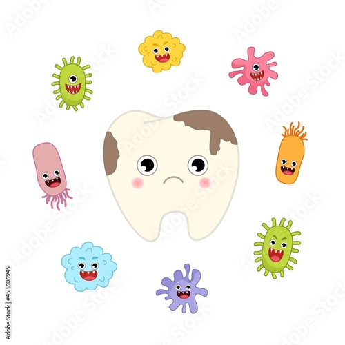 Vector illustration of a cute cartoon tooth with caries and evil germs. Dental hygiene concept.
