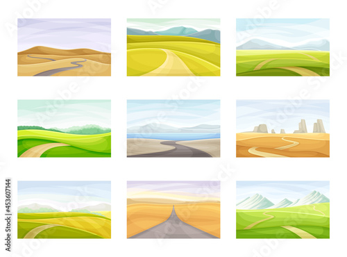 Winding Road Going into the Distance and Grassy Hill Vector Set