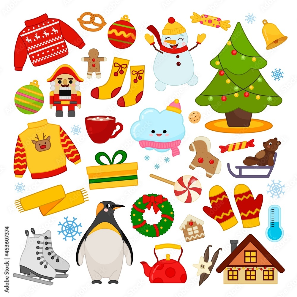 Big vector set of winter icons. Collection of scrapbooking elements. Christmas icons. Cartoon elements: christmas tree, penguin, skates, gift, snowman, sweater, bell.
Big vector set of winter icons. Collection of scrapbooking elements. Christmas icons. Cartoon elements: christmas tree, penguin, skates, gift, snowman, sweater, bell.