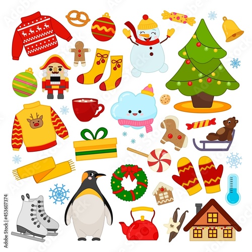 Big vector set of winter icons. Collection of scrapbooking elements. Christmas icons. Cartoon elements: christmas tree, penguin, skates, gift, snowman, sweater, bell.
