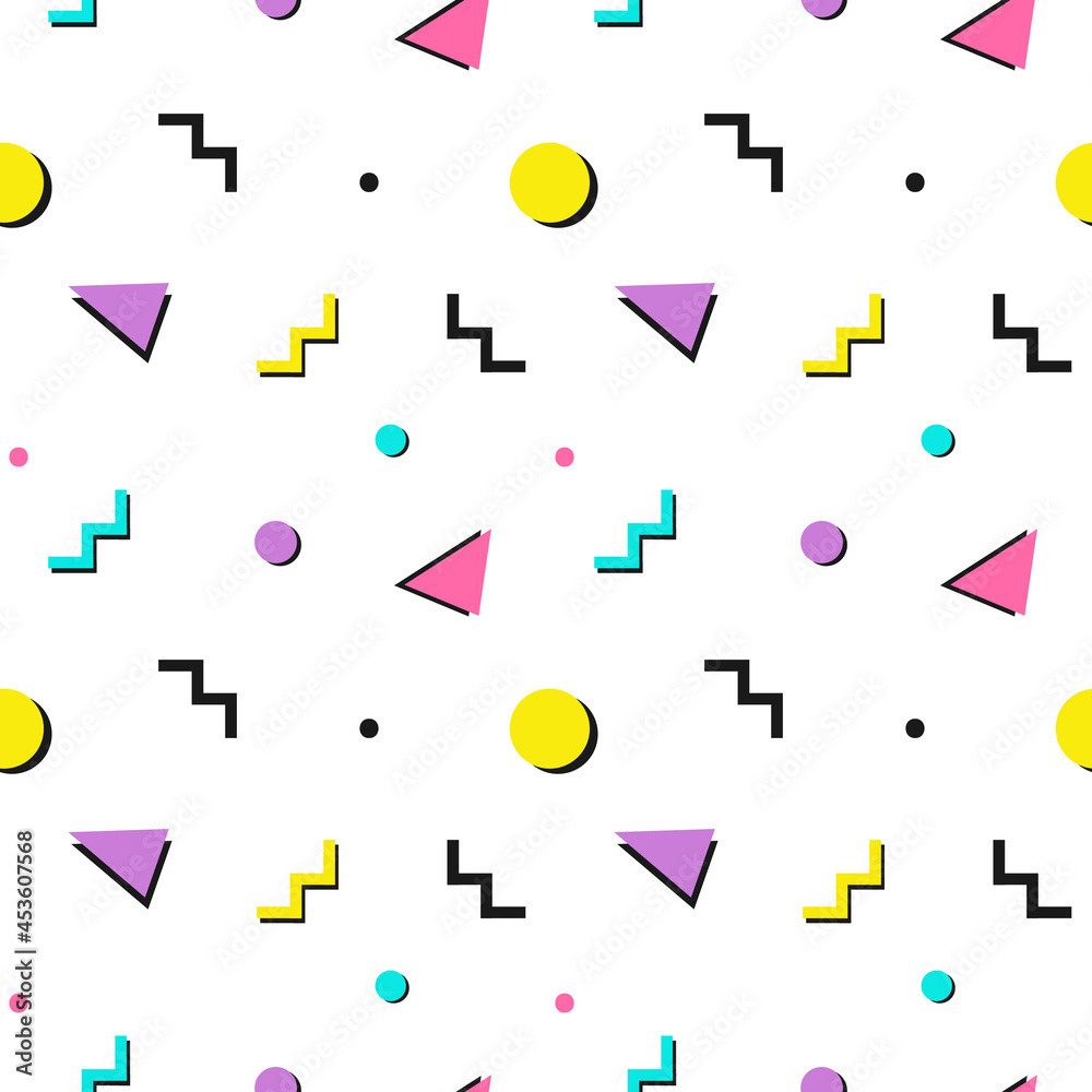 Colorful vector seamless pattern background with abstract geometric shapes  for 80s or 90s design. Stock Vector | Adobe Stock