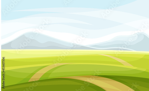 Winding Road Going into the Distance and Grassy Hill Vector Illustration © Happypictures