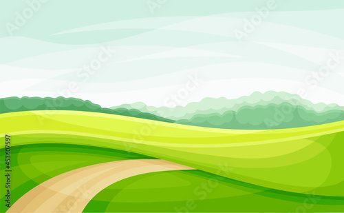 Winding Road Going into the Distance and Grassy Hill Vector Illustration
