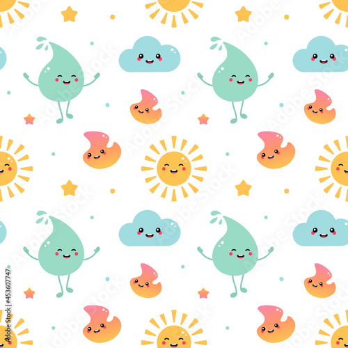 Smiling cartoon style sun, cloud, water drop, fire characters vector seamless pattern background for nature and weather design. 