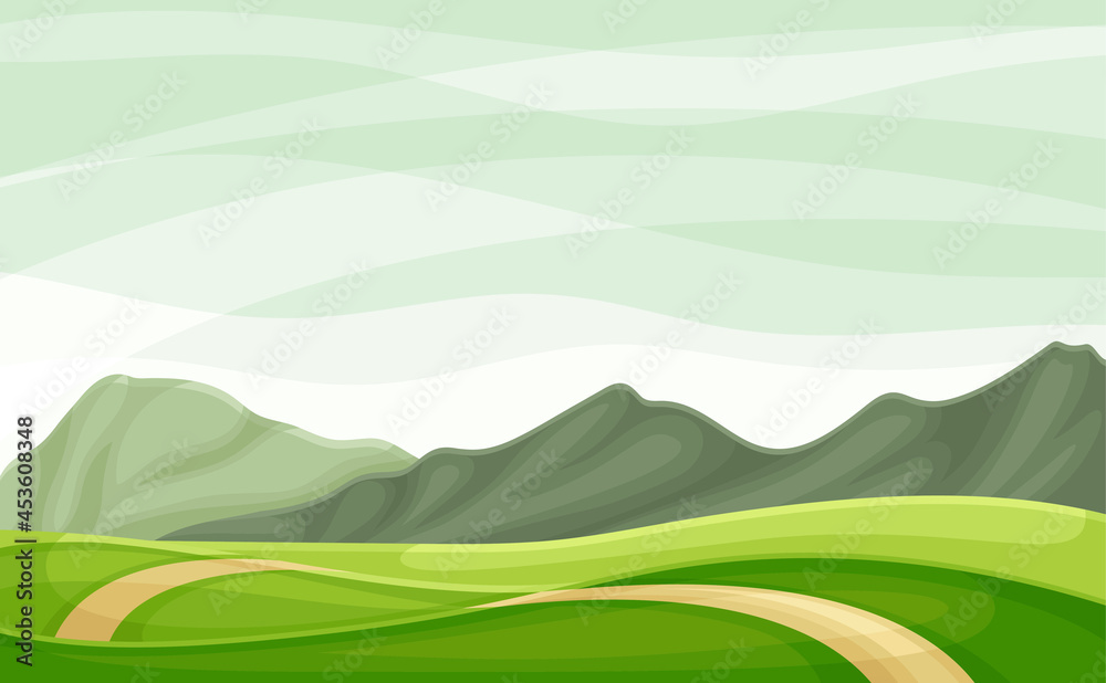 Obraz premium Wandering Road Going into the Distance Through Green Grassy Valley Vector Illustration