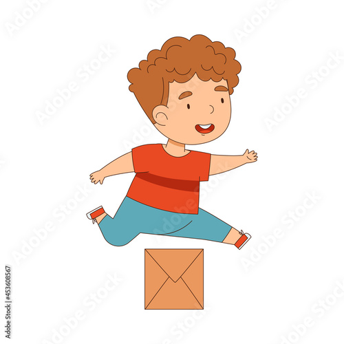 Cute Boy Running and Rushing at Full Speed Jumping Over Cardboard Box Vector Illustration