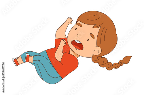 Cute Girl Tumbling Over and Stumbling While Running and Rushing at Full Speed Vector Illustration