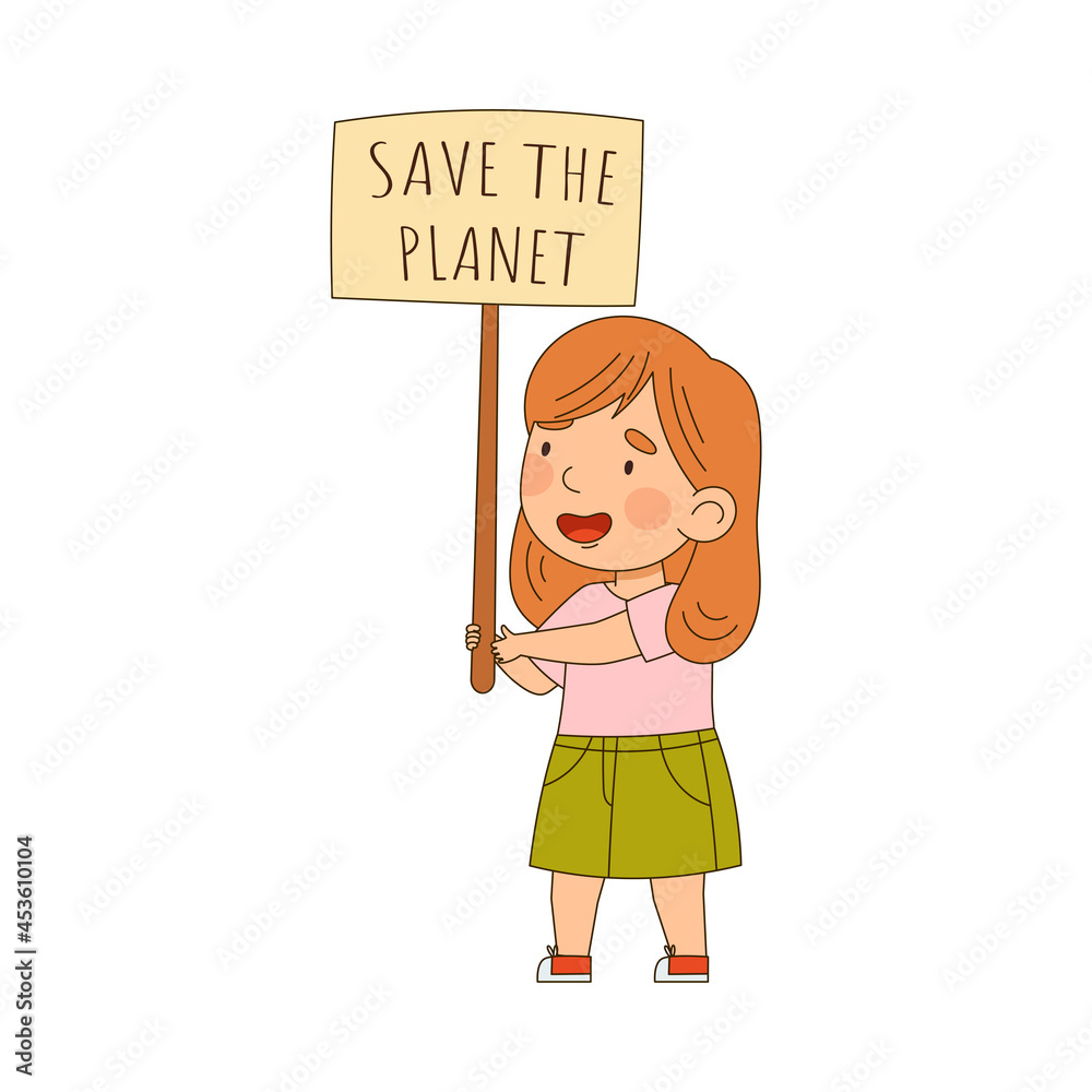 Little Girl Holding Placard on Pole with Appeal Saving Planet Vector Illustration