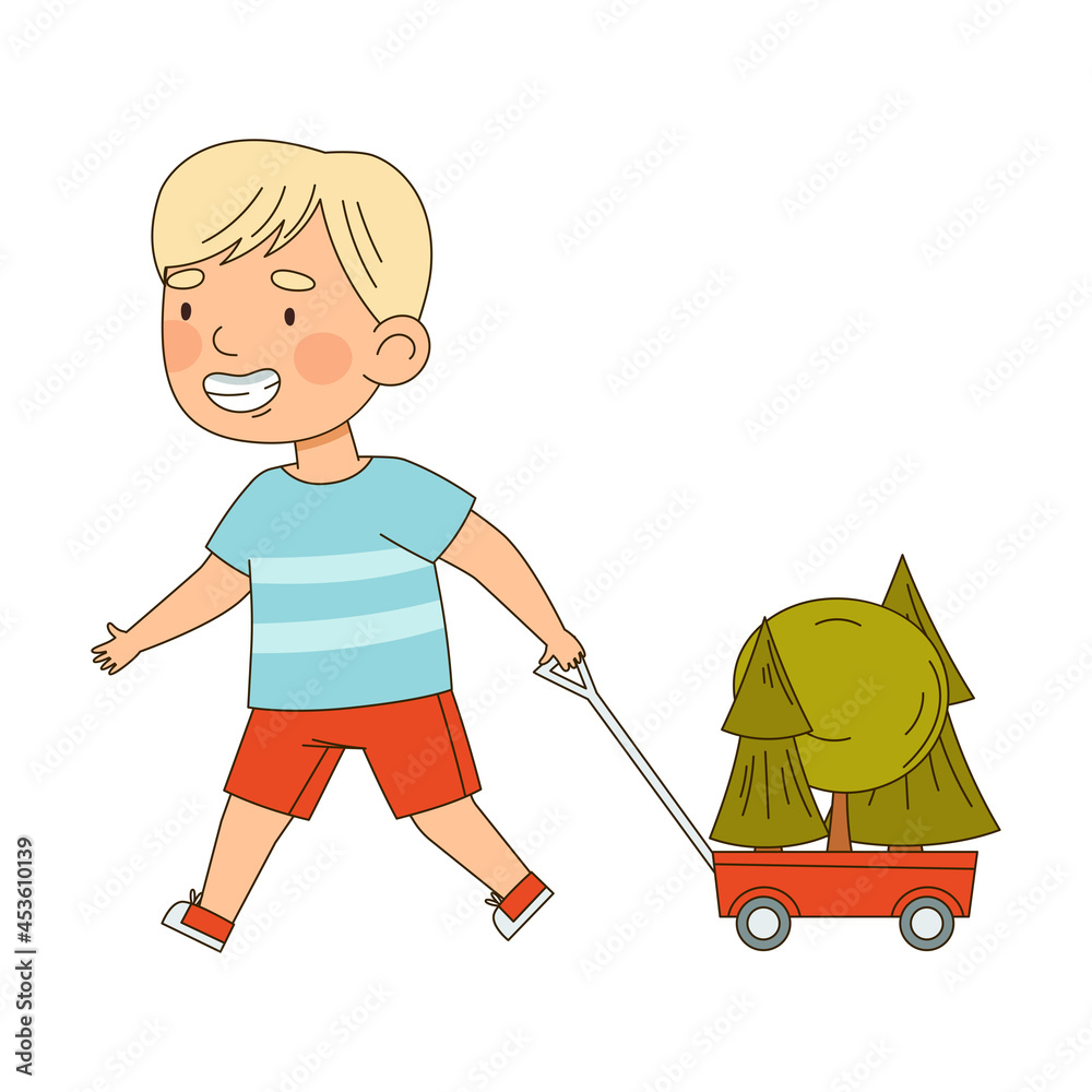 Little Boy Pulling Trolley with Trees Saving Planet Taking Care of Globe Planting Vector Illustration Little Boy Pulling Trolley with Trees Saving Planet Taking Care of Globe Planting Vector Illustration