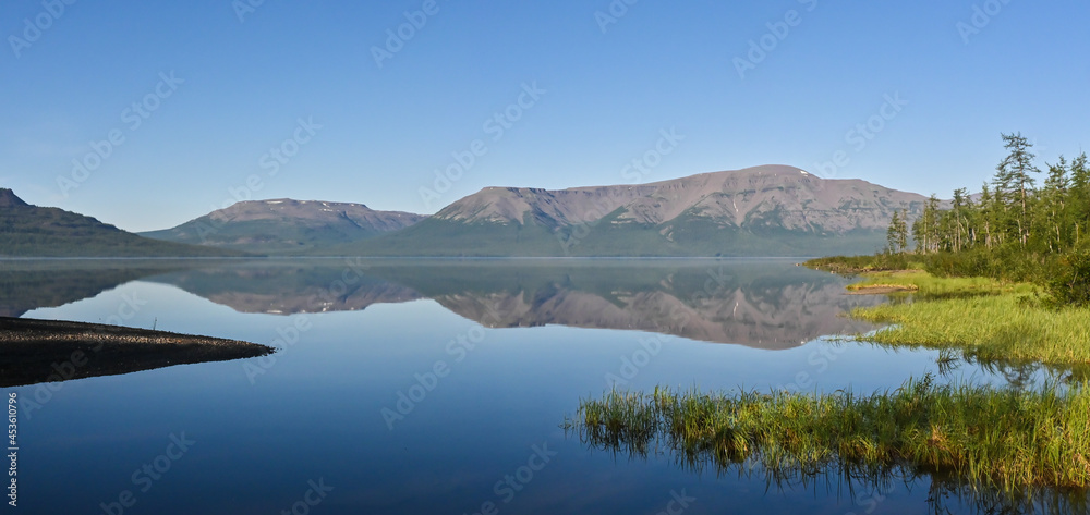 Panorama of a mountain lake on the Putorana plateau.