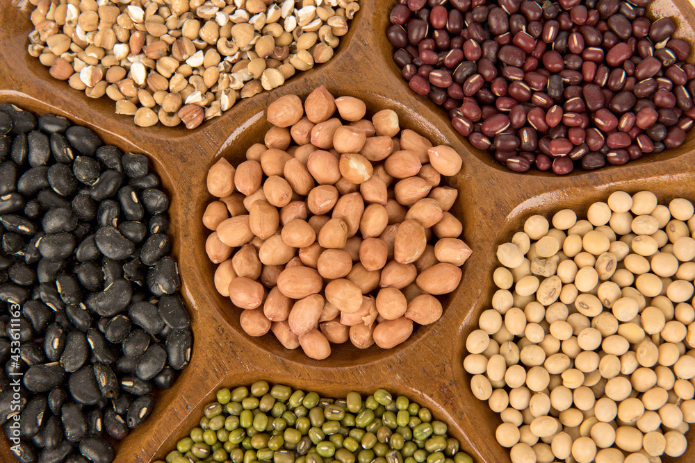 Fototapeta premium Cereals such as millet,green bean and others isolated on white surface.top view,flat lay.