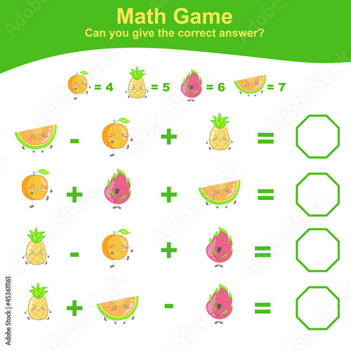 Fruit Counting Math Worksheet. Math Worksheet for Preschool. Educational printable math worksheet. Preschool Education. Early education materials. Vector illustration.