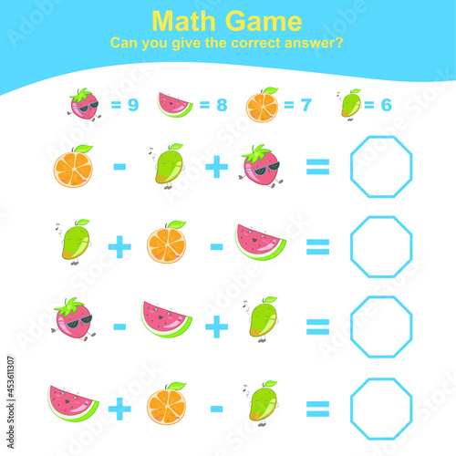 Fruit Counting Math Worksheet. Math Worksheet for Preschool. Educational printable math worksheet. Preschool Education. Early education materials. Vector illustration.