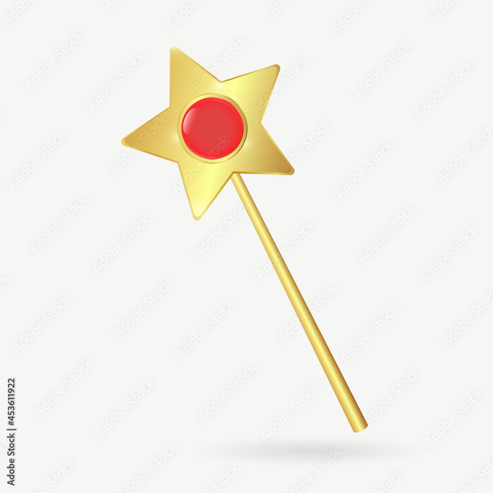 A golden magic wand with a star and a red gem in the center. 3D. Vector illustration. A golden magic wand with a star and a red gem in the center. 3D. Vector illustration.