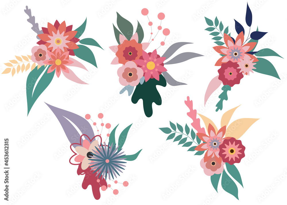 bouquet collection, floral drawings, vector decoration elements