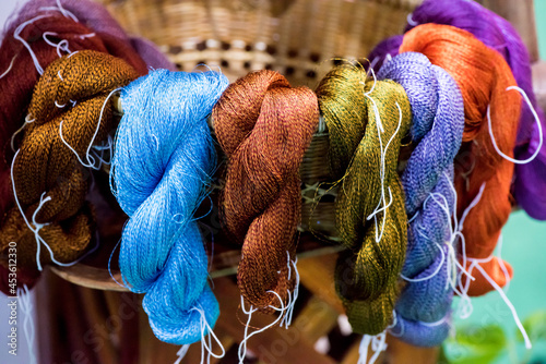 Yarn from cotton silk cocoons and natural dyes.