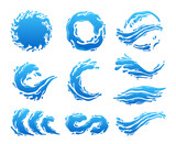 Vector water or liquid splashes, waves, drops and design elements