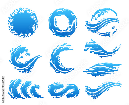 Vector water or liquid splashes, waves, drops and design elements