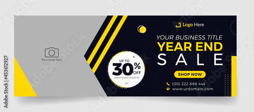 End of year sale web ad banner and facebook cover page timeline with photo place. Modern layout black background, yellow shape & text design
